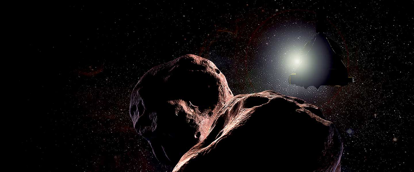 Ultima Thule with New Horizons in the background in Space