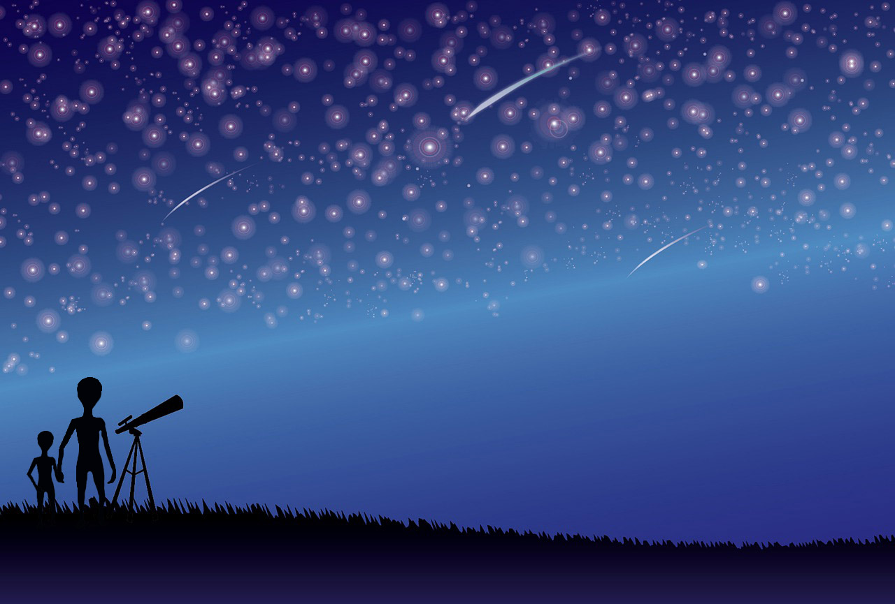 Illustration of an alien family viewing their night sky