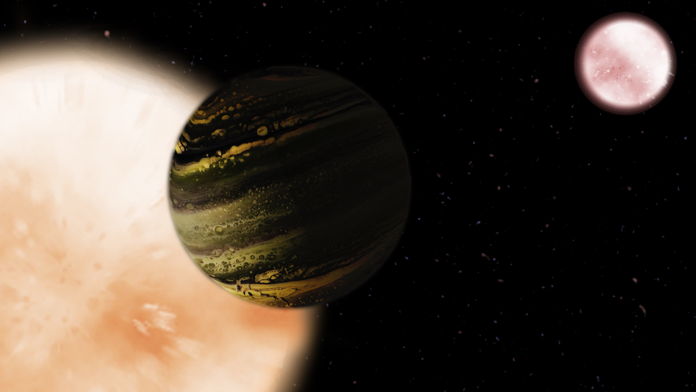 Illustration of an exoplanet and 2 stars.