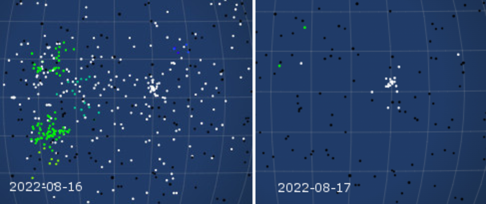 The radiants as spotted in two different nights.