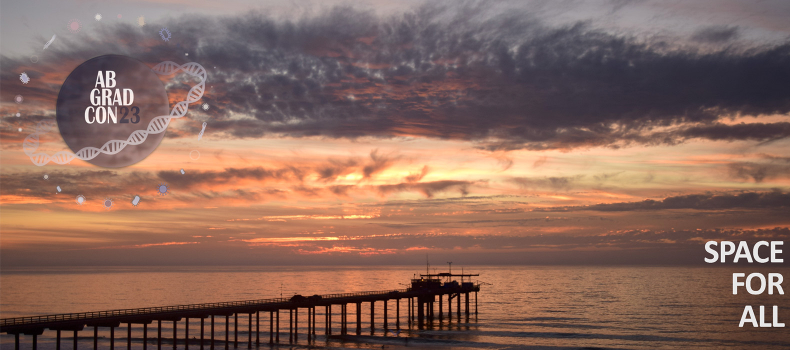 Image of the abGradCon 2023 logo against an image of a pier at sunset