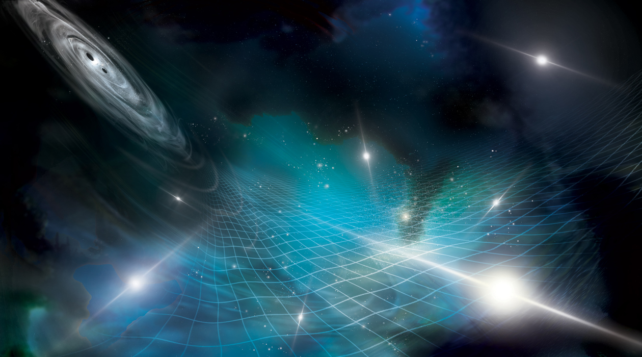 Artist’s interpretation of an array of pulsars being affected by gravitational ripples produced by a supermassive black hole binary in a distant galaxy. 