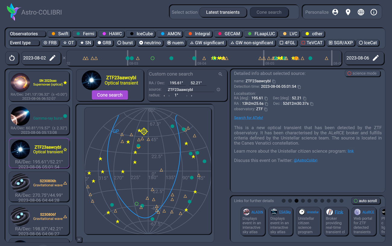 The Astro-COLIBRI web application, showing a recent notification sent by the SETI Institute / Unistellar for a transient event detected by ZTF. Credit: Astro-COLIBRI.