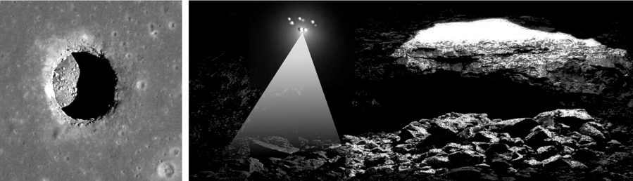 left-pit crater on the Moon; right-drone