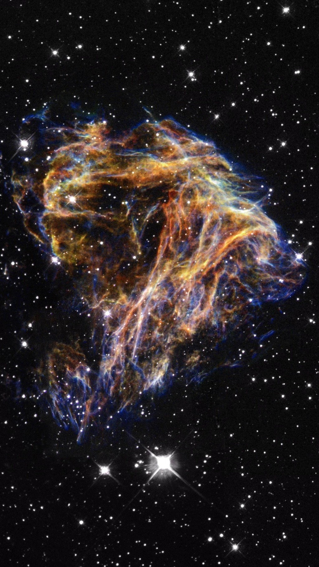 hair-textured balls of lights emitting blue and orange colors against a black and white starry sky