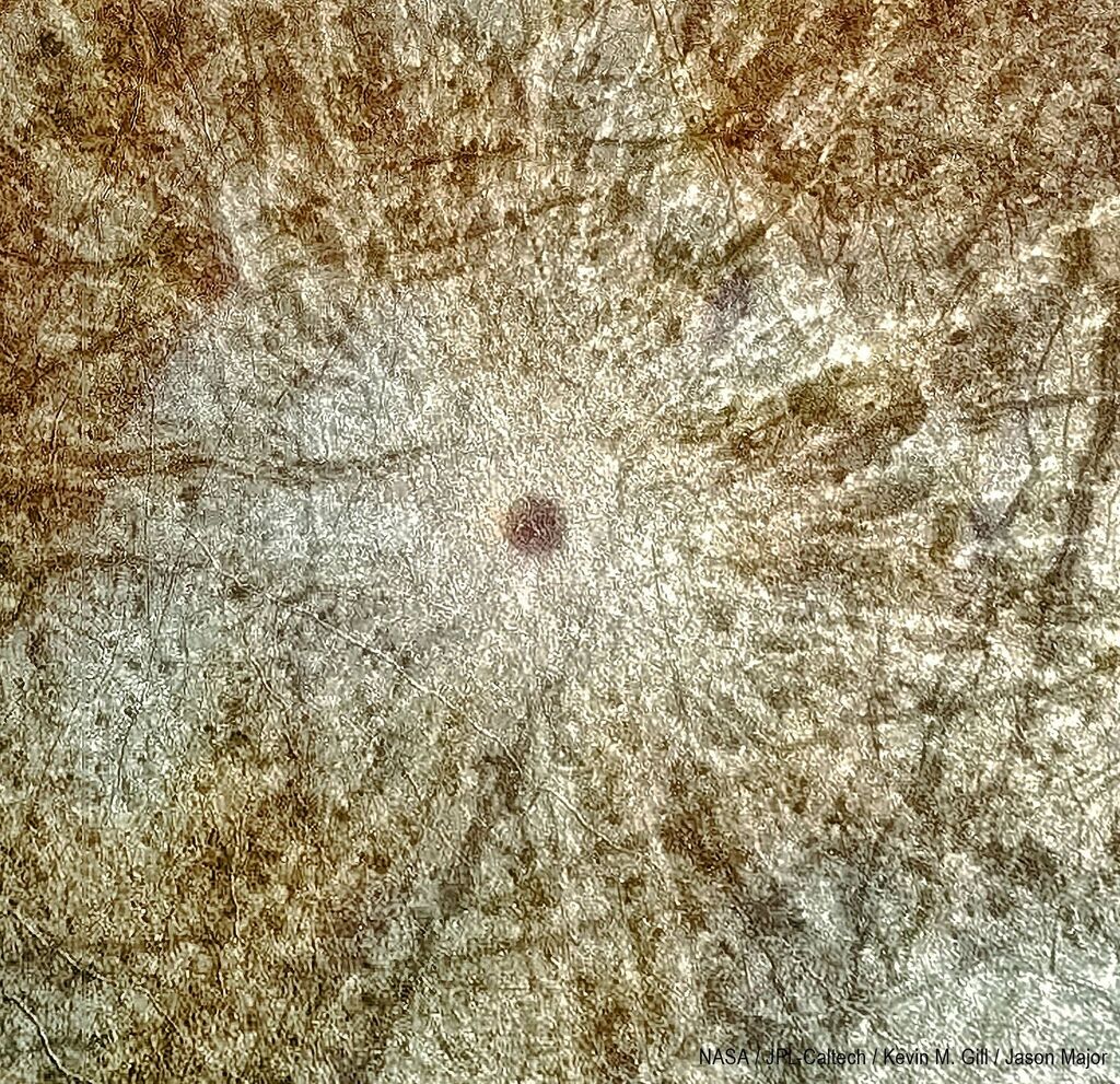 many textures around Europa and its crater. In browns, yellows, and beiges.