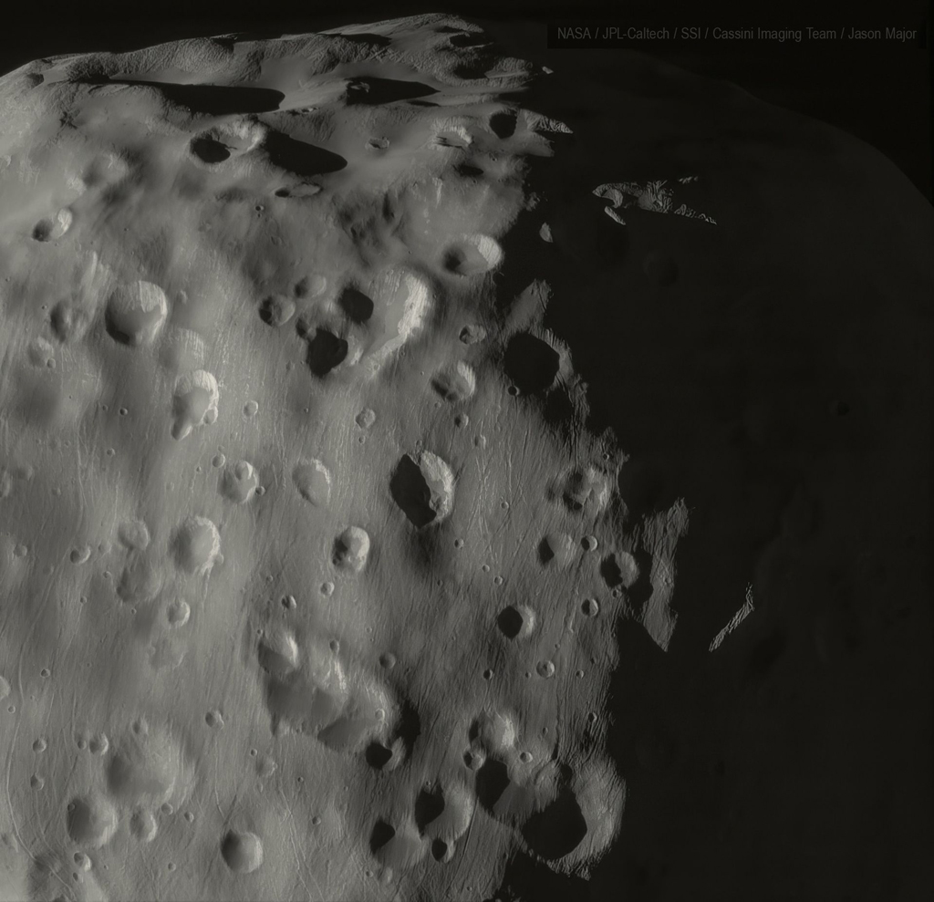 black and white image of the surface texture on Epimetheus
