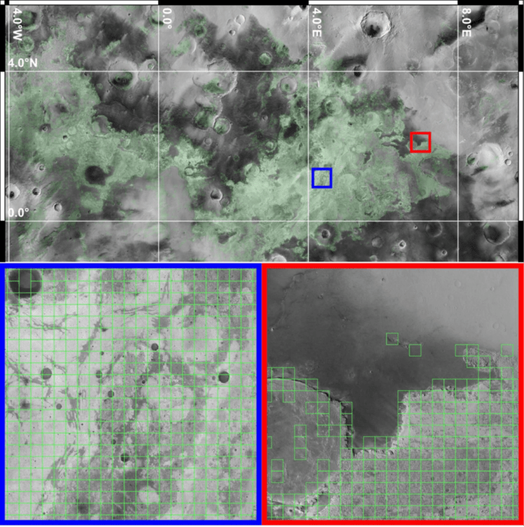 Satellite map of a Martian surface region, with color-coded insets showing detailed grid analyses of cratered terrain.