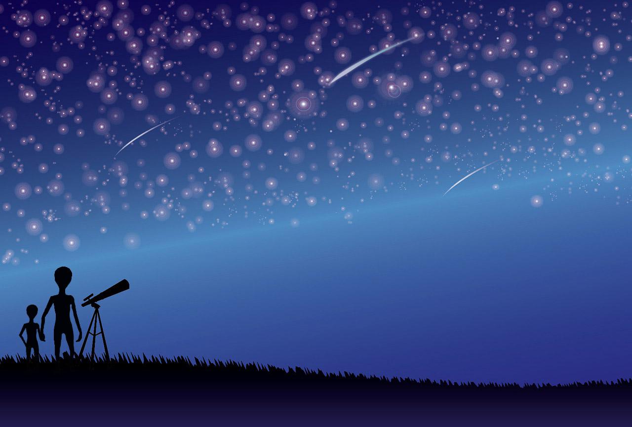 Illustration of an alien family viewing their night sky