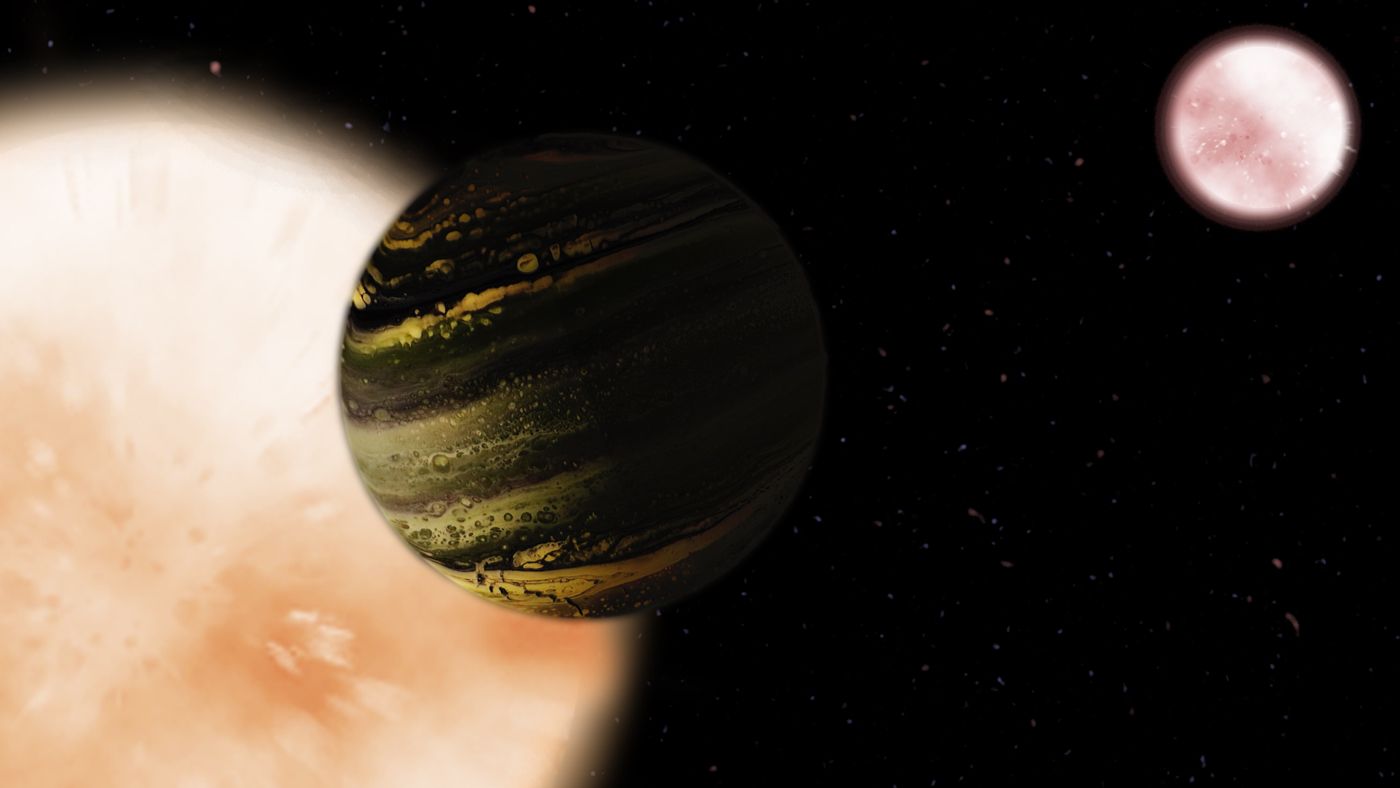 Illustration of an exoplanet and 2 stars.