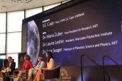 S.E. Cupp moderating a scientific panel discussion with Maria Zuber, Laurie Leshin, and Sara Seager