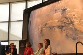 S.E. Cupp moderating a scientific panel discussion with Maria Zuber, Laurie Leshin, and Sara Seager