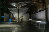 TX-2: MOONSHADOW (2022) handmade mylar solar sail, custom machined aluminum, measuring tapes, Kapton tape, custom mylar tape, custom electronics, sculpted rock made from simulated Martian regolith, various lichen species, Homestead meteorite fragment; approximately 4m x 4m