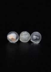 TX-1 (2020), three resin spheres (fragment of Spironolactone pill, fragment of Vivelle Dot estrogen patch, handmade abaca paper sculpture); dimensions variable (diameters approximately 4-5mm)